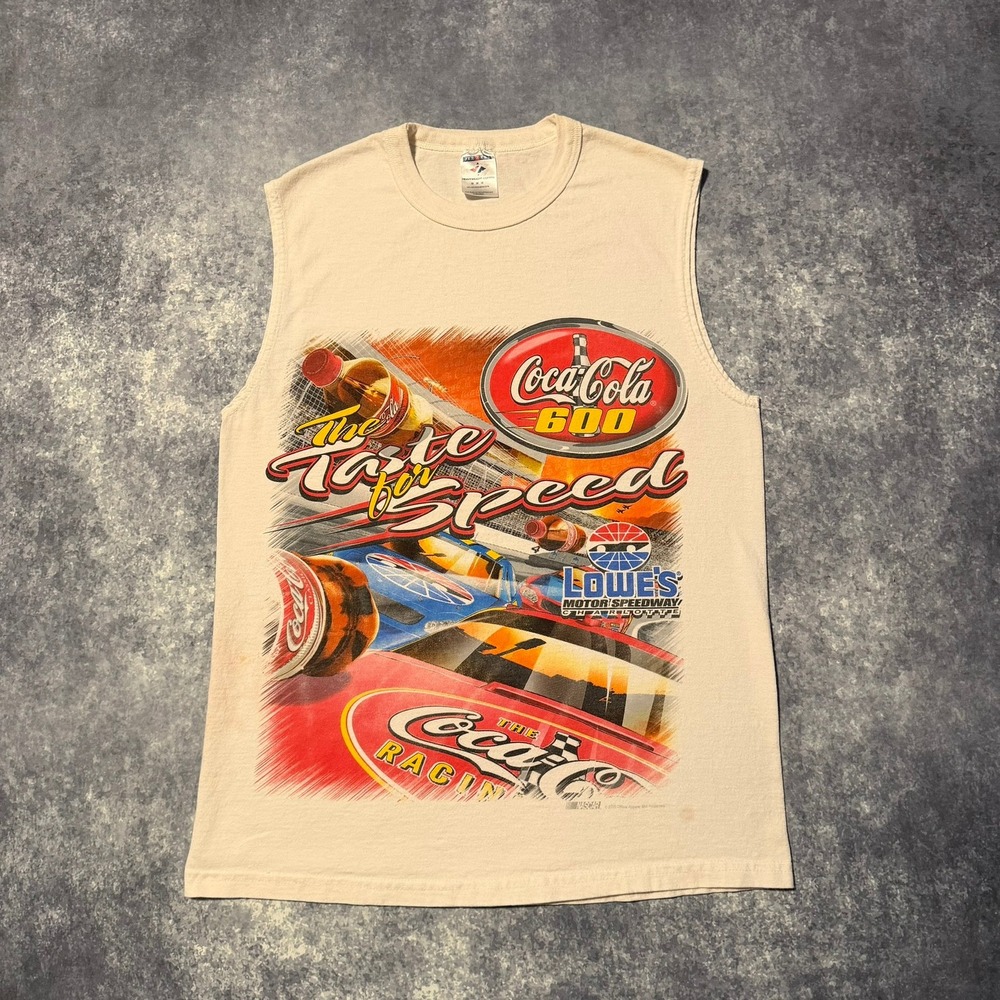 Vintage NASCAR Coca-Cola 600 Taste for Speed Sleeveless Shirt Mens‎ Medium Tan